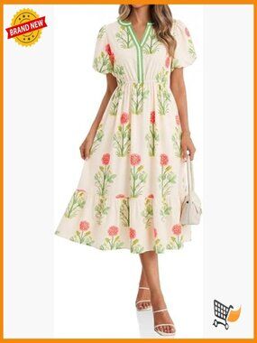 Floral Maxi Dress A-Line Puff Sleeve V-Neck Boho Summer Beach Vacation